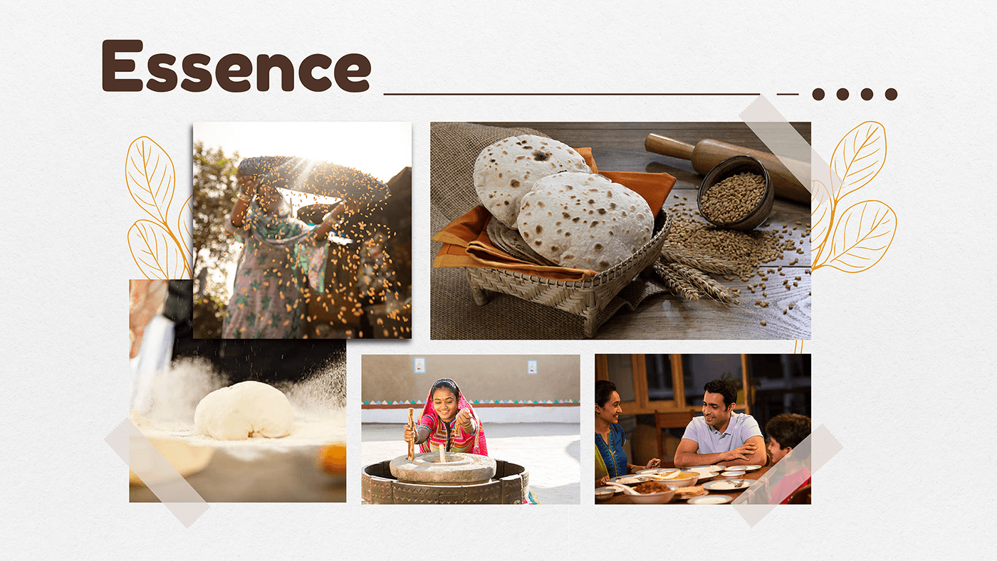 Gudroots essence collage of a grinding stone, rotis, kneaded dough and a family meal
