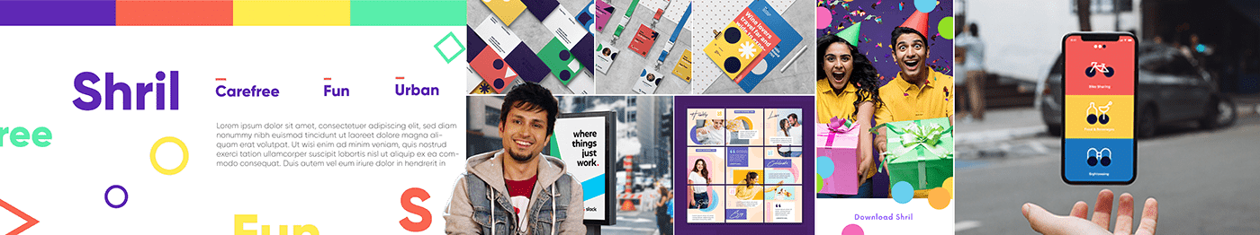 Shril stylescape with purple, yellow, green and coral shapes, photography and mockups