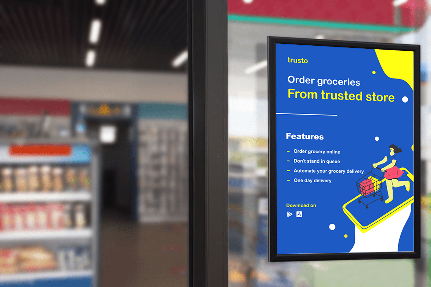 Trusto poster in a shop window with features and the line Order groceries from trusted store