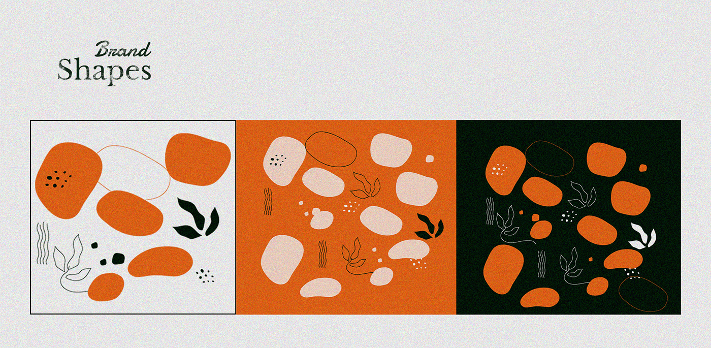 Travel Mitan brand shapes: organic blobs and leaf outlines in orange, cream and green