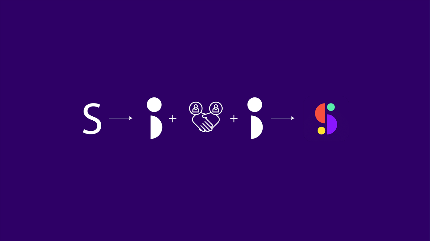 Shril logo sketch path from the letter S plus people and a handshake to the split S mark