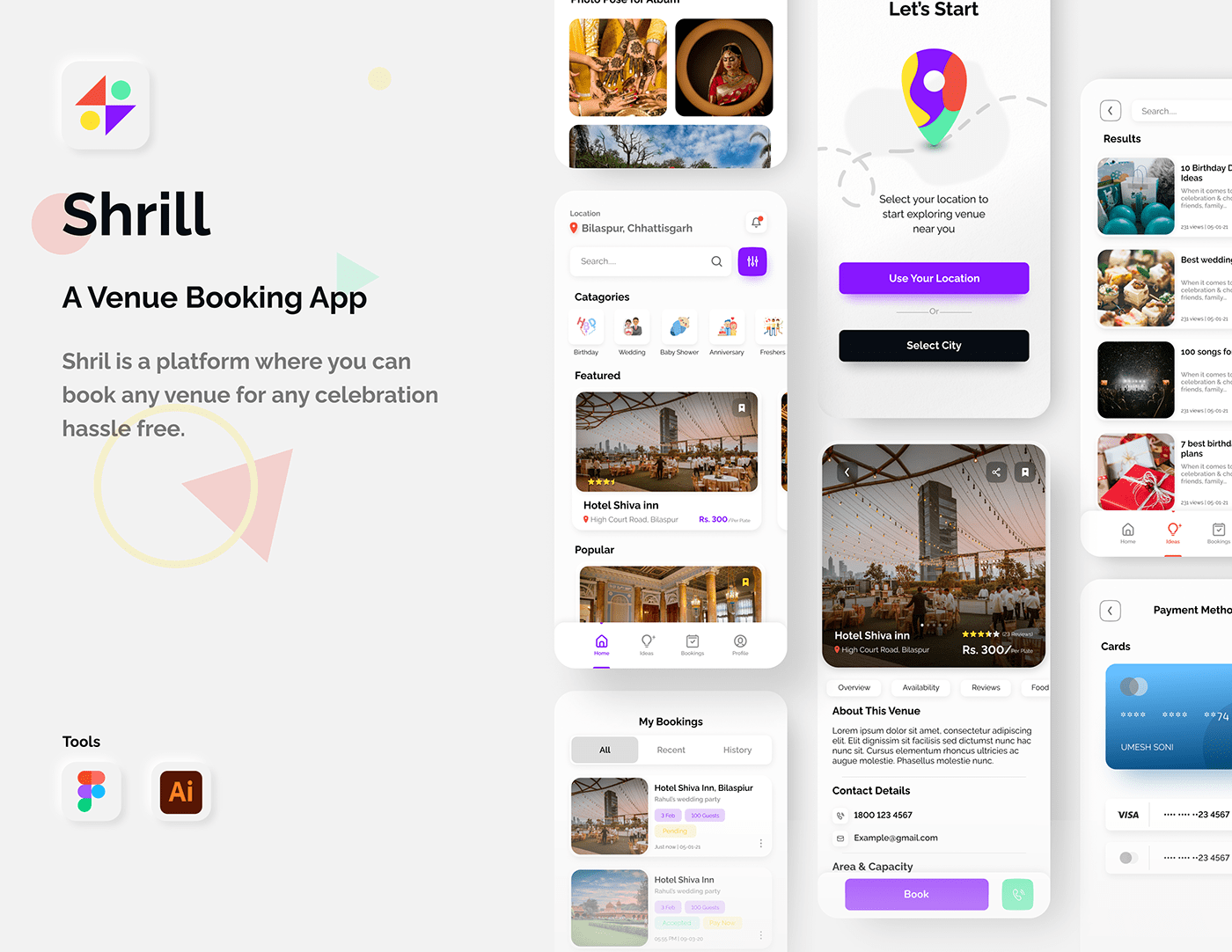 Shril venue booking app cover with the home, venue details and payment screens