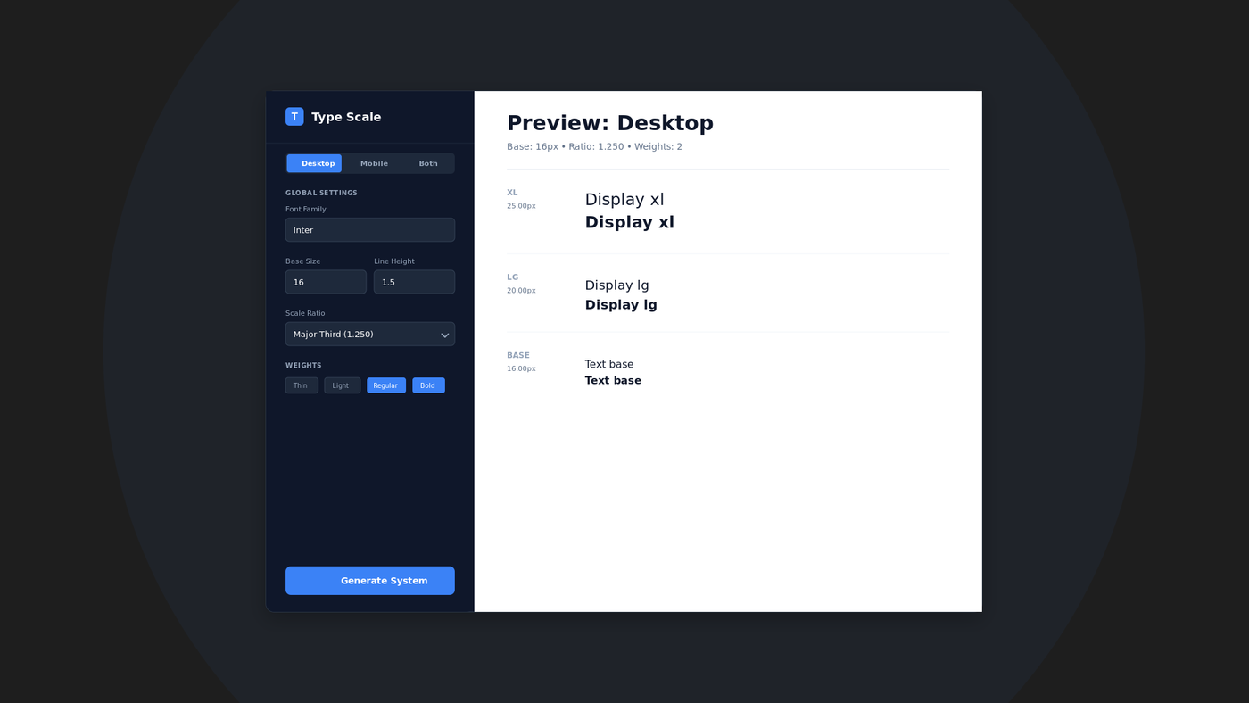 TypeScale Generator with font, base size, line height, scale ratio and weights beside a live desktop preview