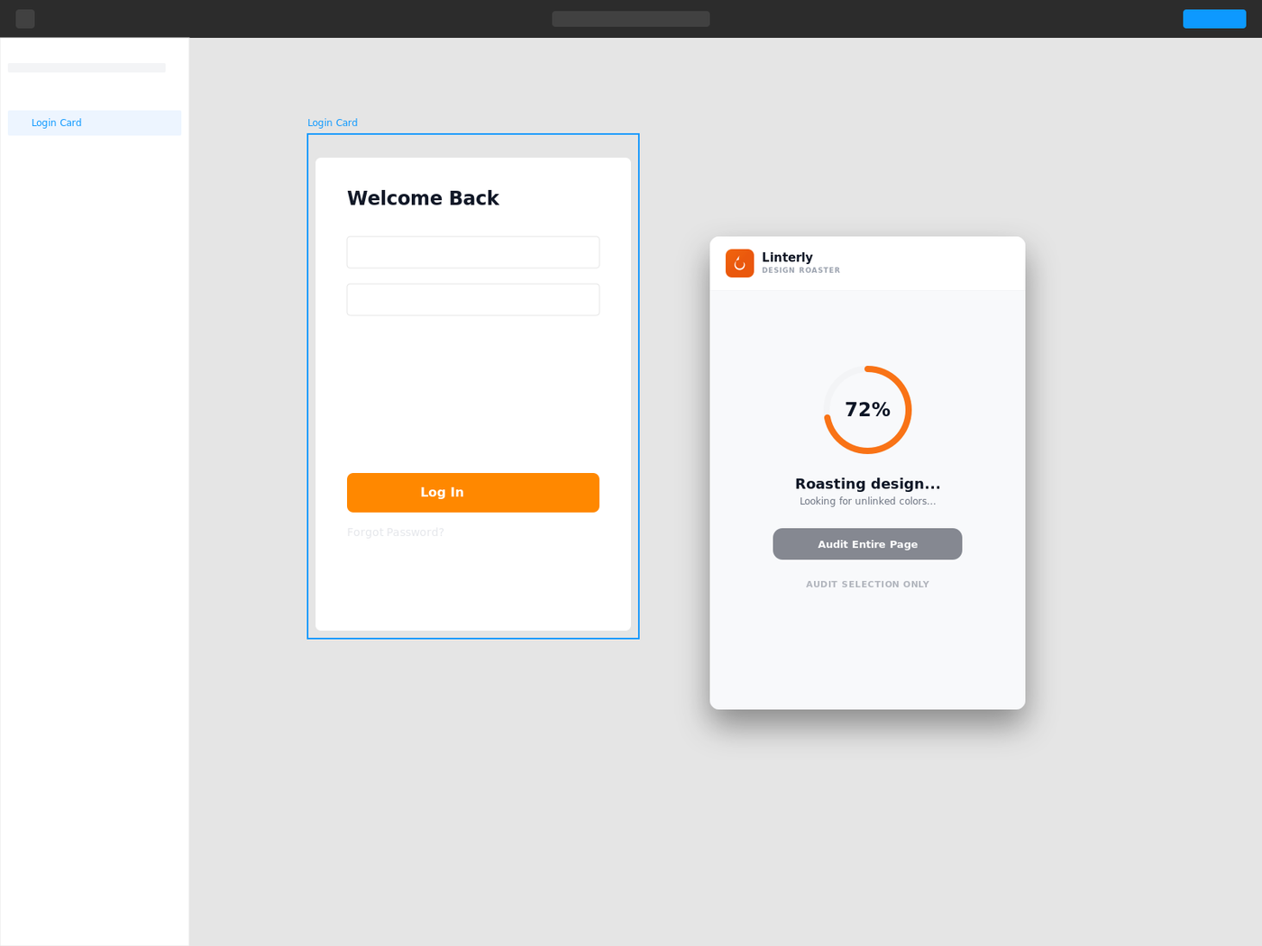 Linterly panel scanning a login card, at 72% and looking for unlinked colors