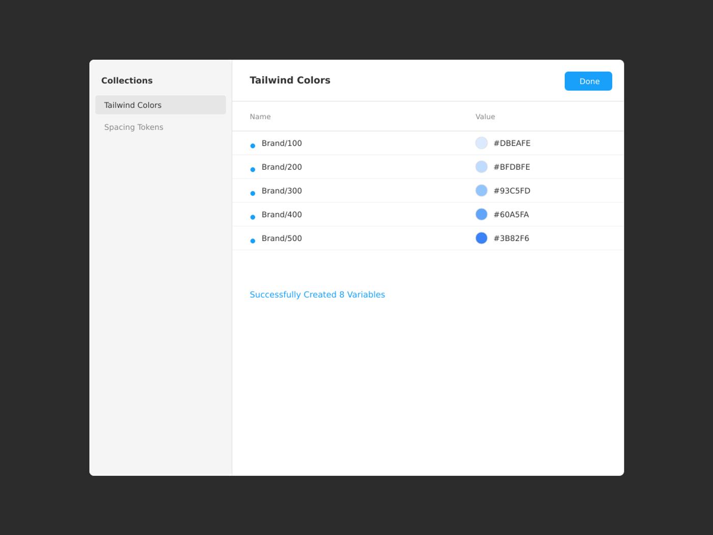 Figma Variables panel with a Tailwind Colors collection listing Brand/100 to Brand/500 and a note that 8 variables were created
