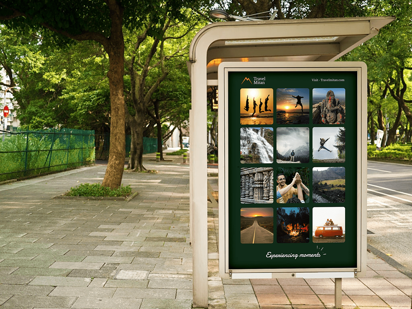 Travel Mitan bus-stop poster with a grid of travel photos and the line Experiencing moments