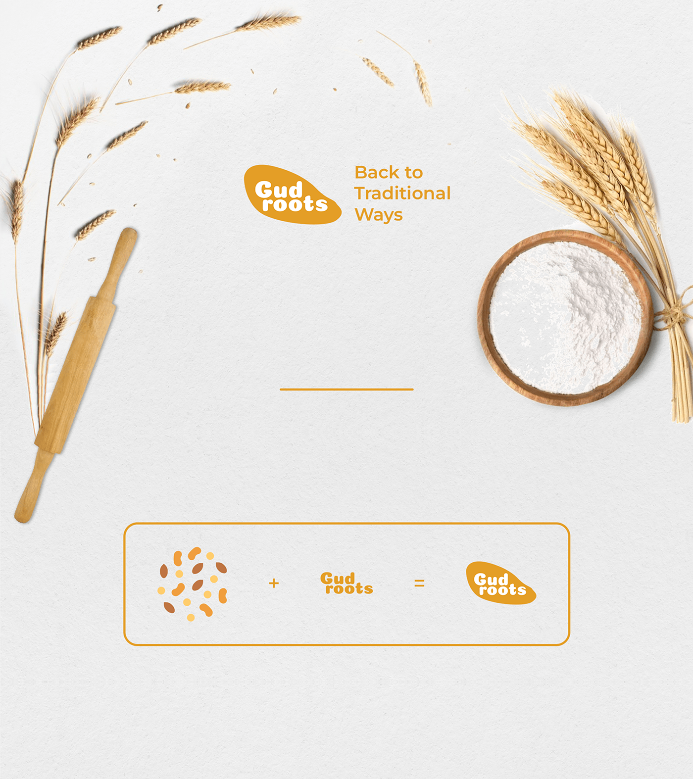 Gudroots logo construction: grain plus wordmark equals the badge, among wheat and a bowl of flour