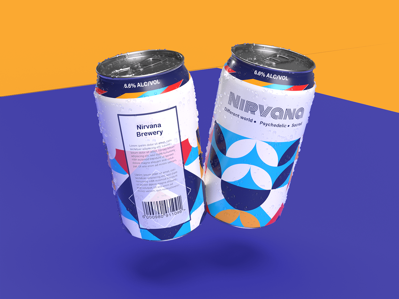 Two Nirvana cans floating over a yellow and violet background