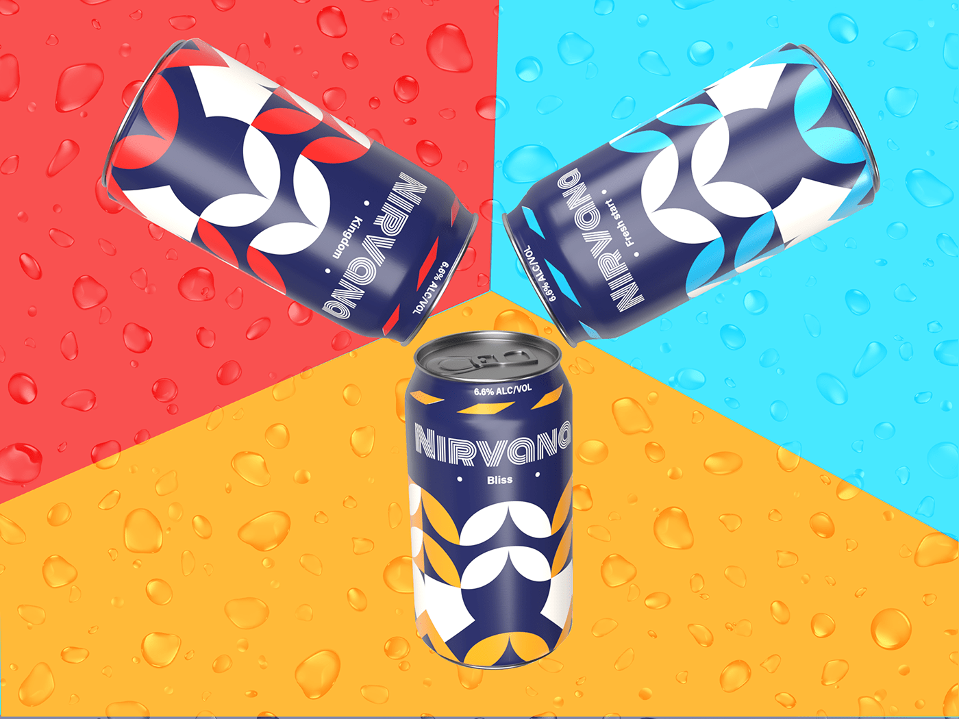 Three Nirvana cans on red, cyan and yellow backgrounds with water droplets