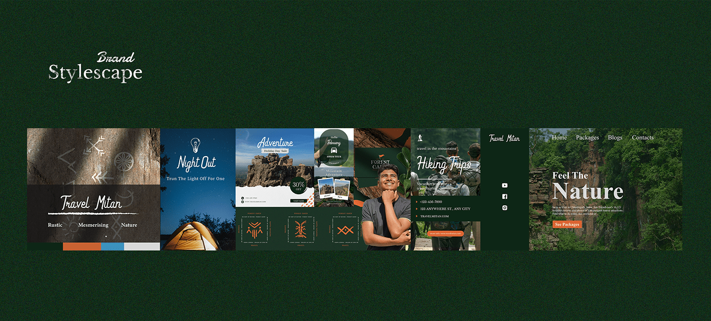 Travel Mitan stylescape with landscapes, trip cards and a website layout