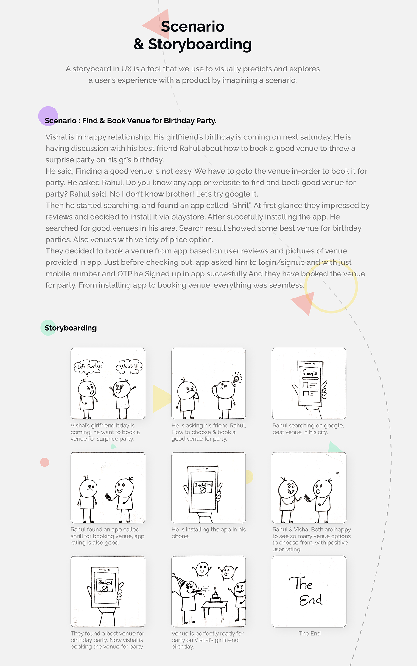 Shril scenario and nine-panel storyboard for finding and booking a venue for a birthday party