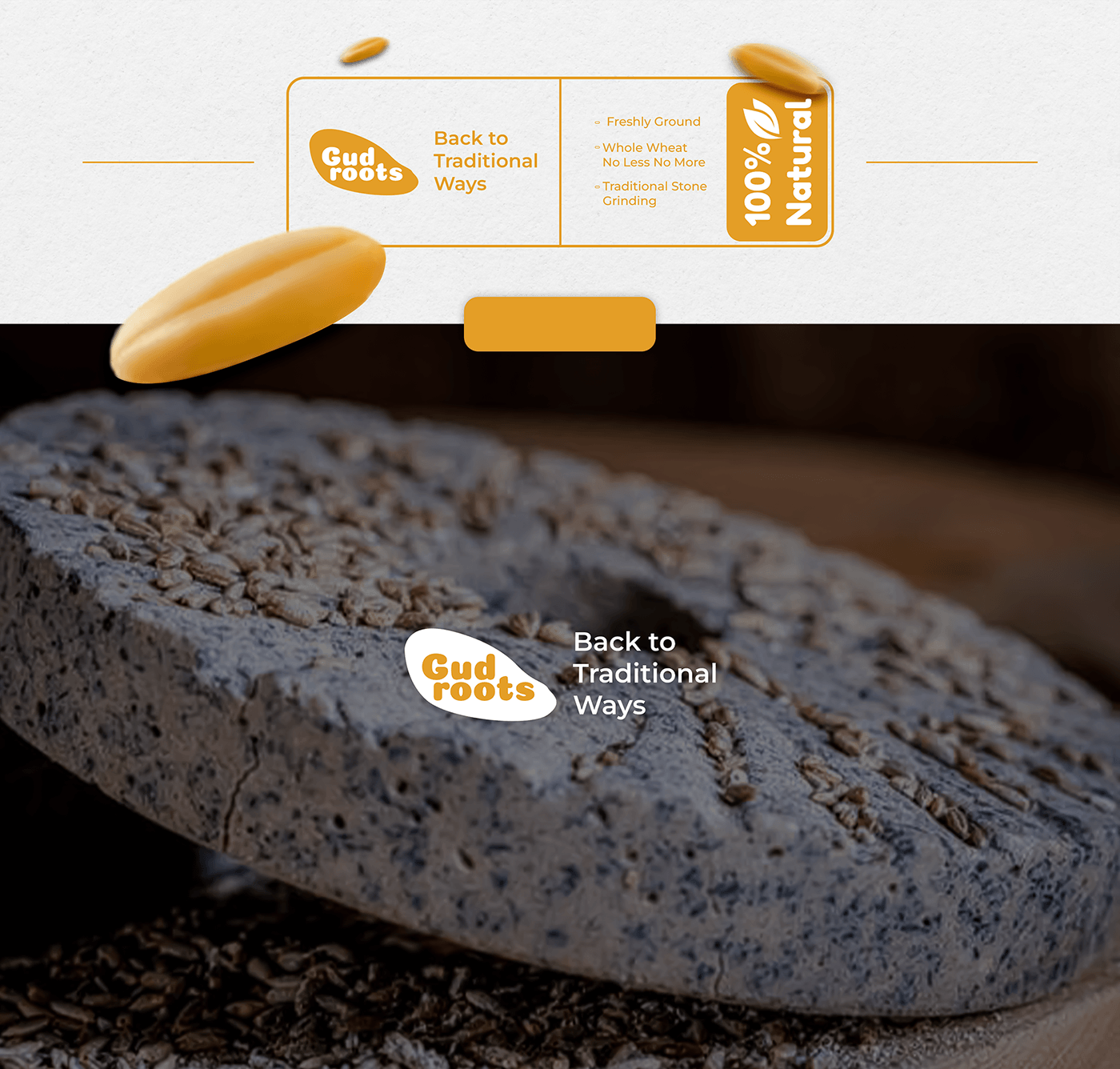 Gudroots logo and the line Back to Traditional Ways over a stone grinding wheel covered in grain