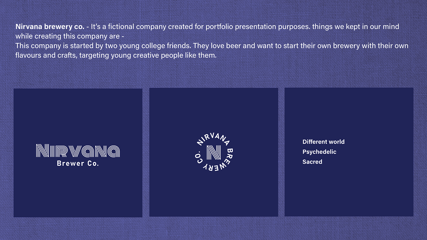 Concept slide for Nirvana Brewery Co. with the wordmark, the N seal and the three guiding words