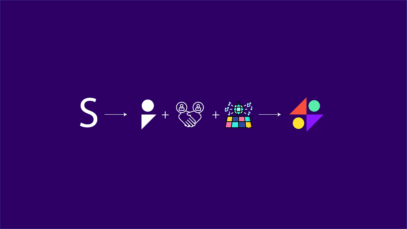 Shril logo sketch path from the letter S plus a person, a handshake and a grid to the pinwheel mark