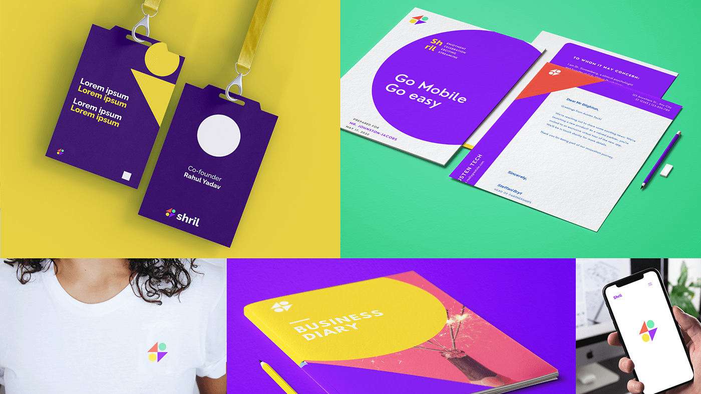 Shril ID badges, letterhead, T-shirt, notebook and phone on yellow and green