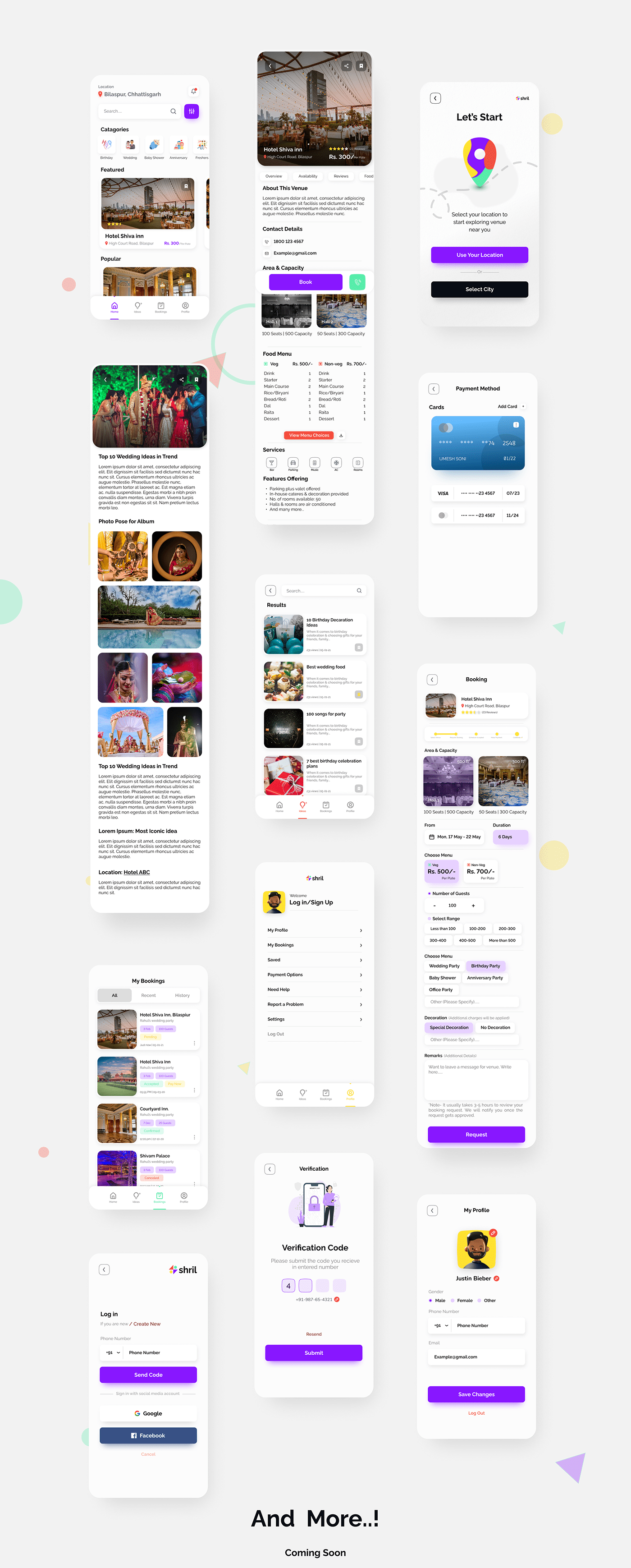 All Shril app screens laid out together, with more screens coming soon