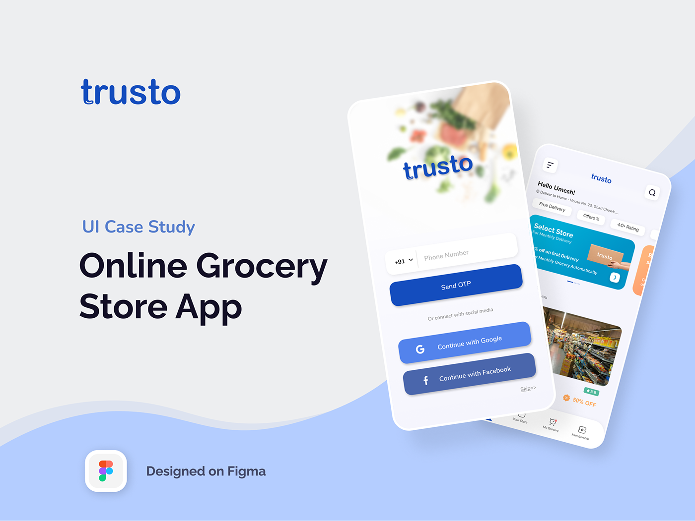 Trusto online grocery store app cover with the login and home screens on phones