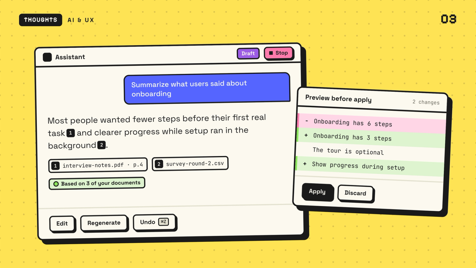 Illustration: an AI assistant answer with numbered sources, a confidence note and undo, beside a preview of changes before applying.