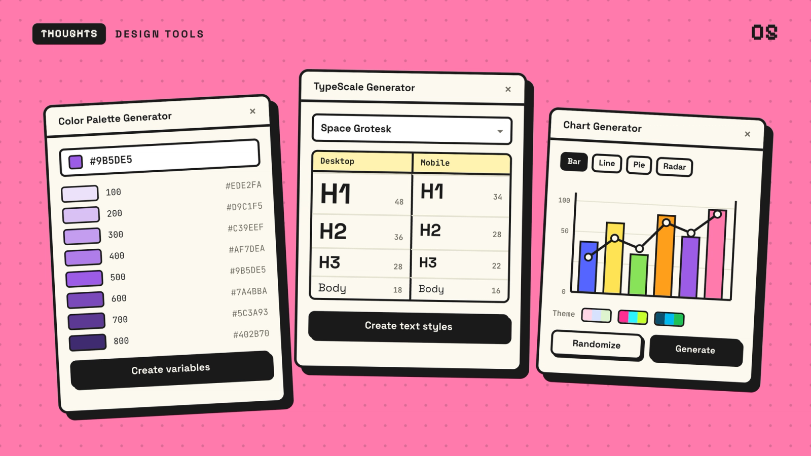 Illustration: the Color Palette Generator, TypeScale Generator and Chart Generator Figma plugin windows.