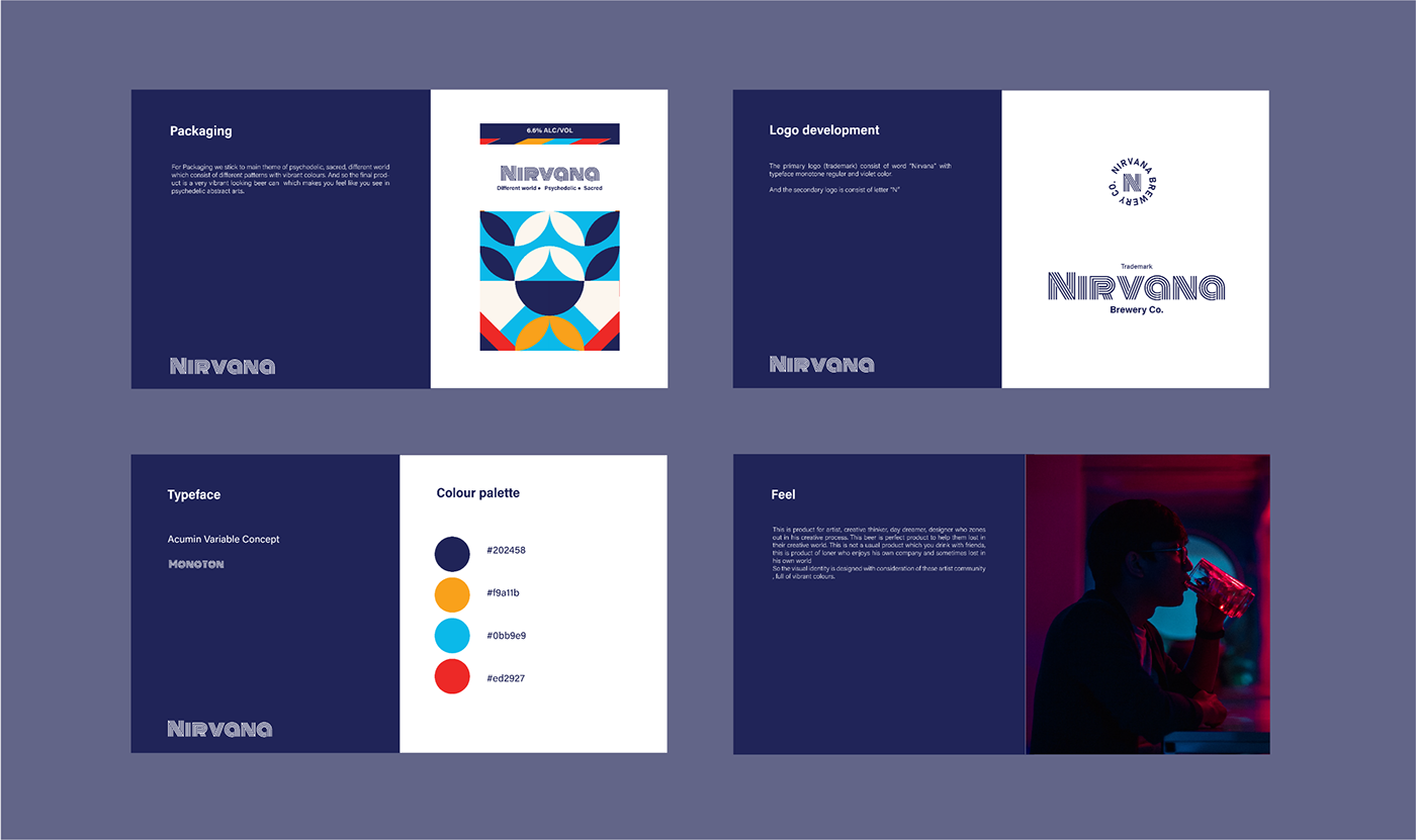 Nirvana overview slides covering packaging, logo development, typeface, color palette and feel