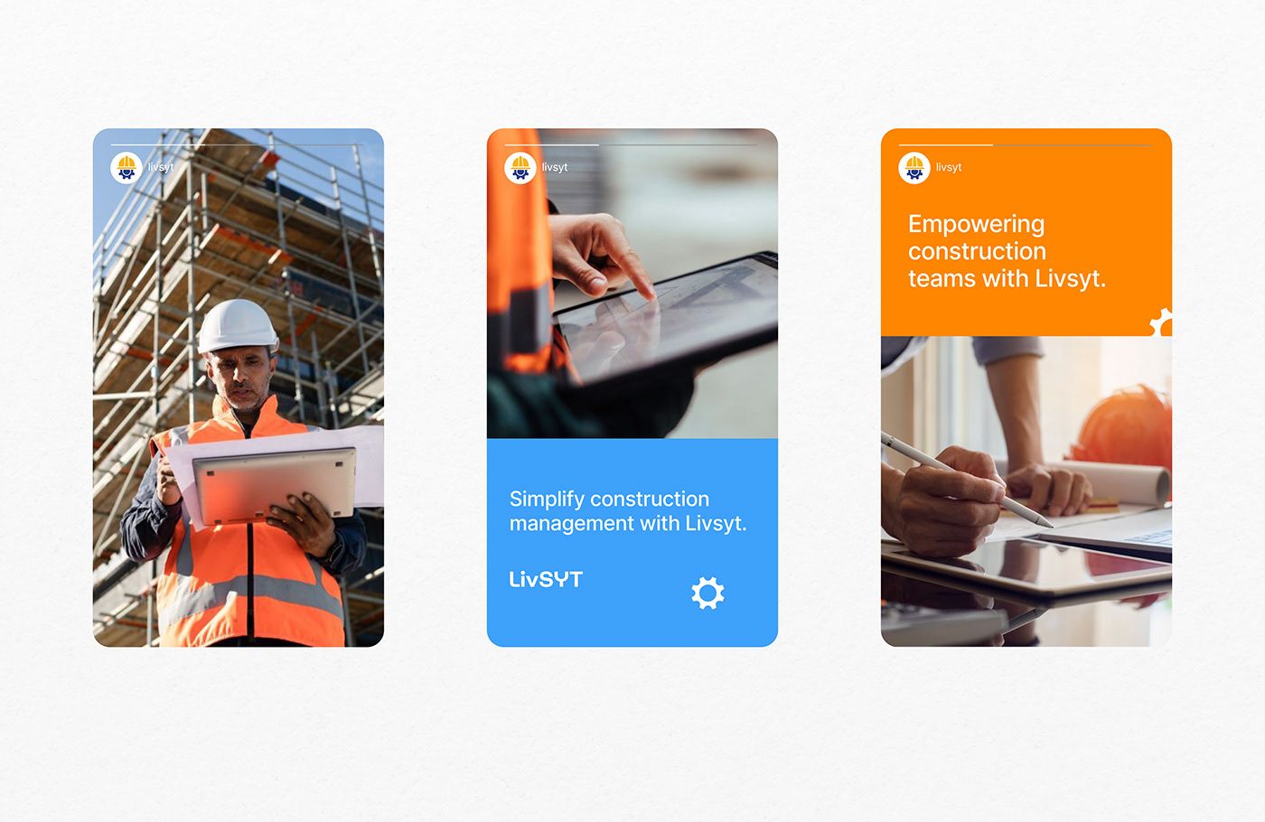 Three LivSYT social story cards in photo, blue and orange