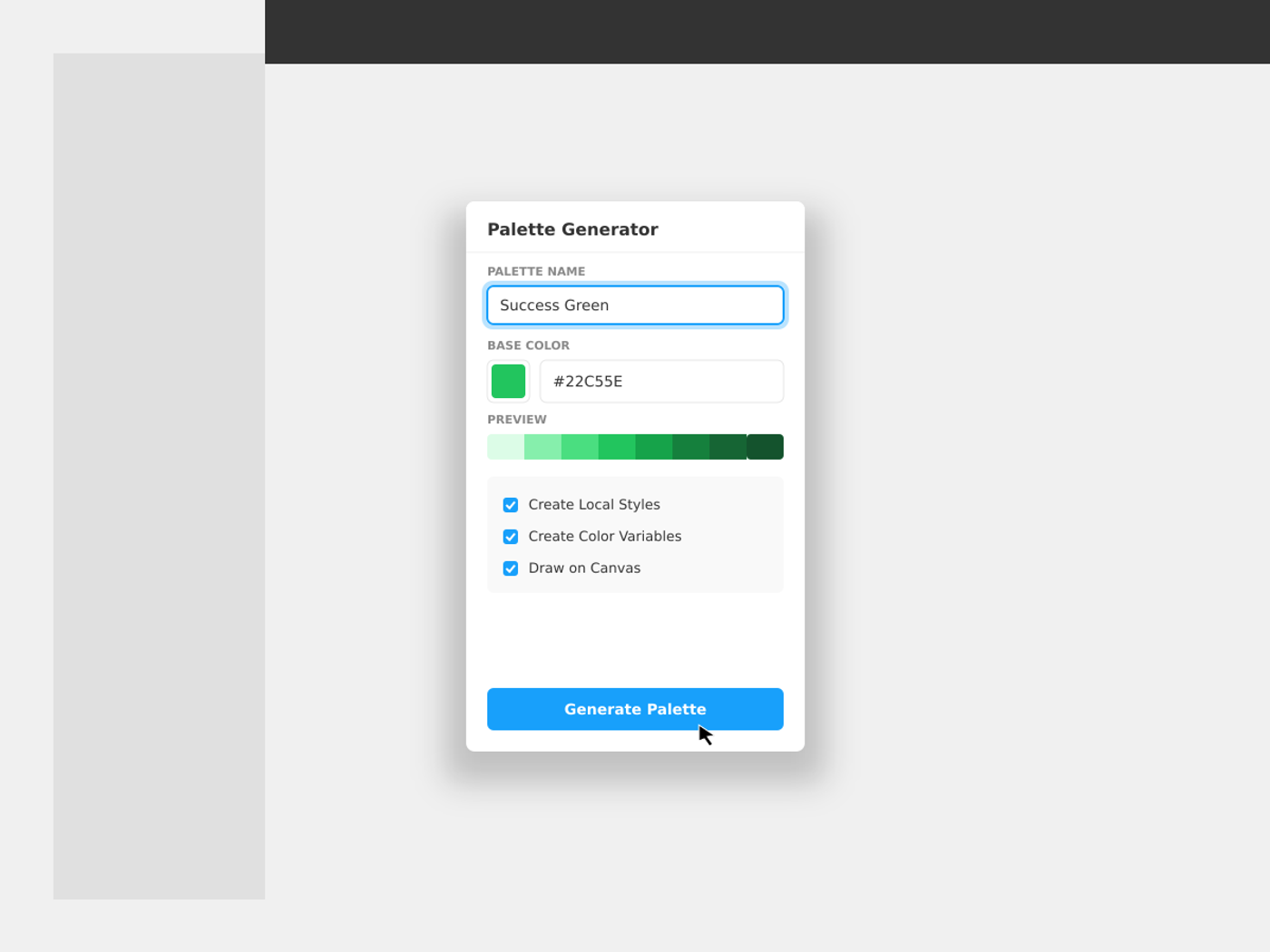 Palette Generator panel with a palette name, base color #22C55E, an 8-step preview and options to create styles, variables and a canvas frame