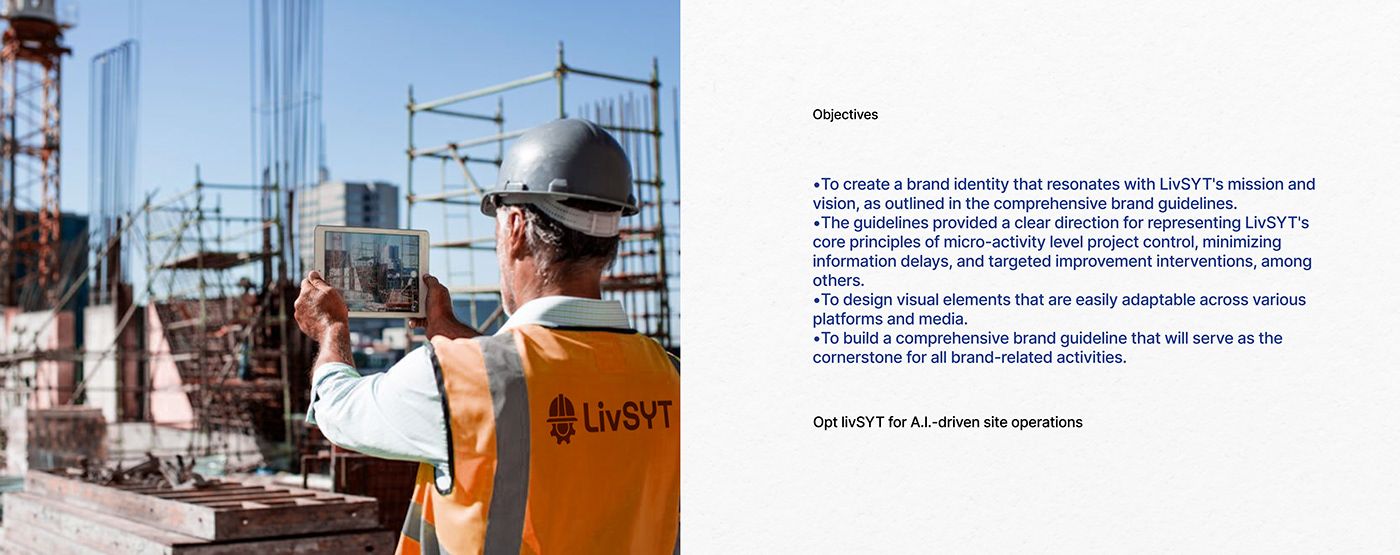 LivSYT objectives slide beside a site worker photographing a scaffold with a tablet