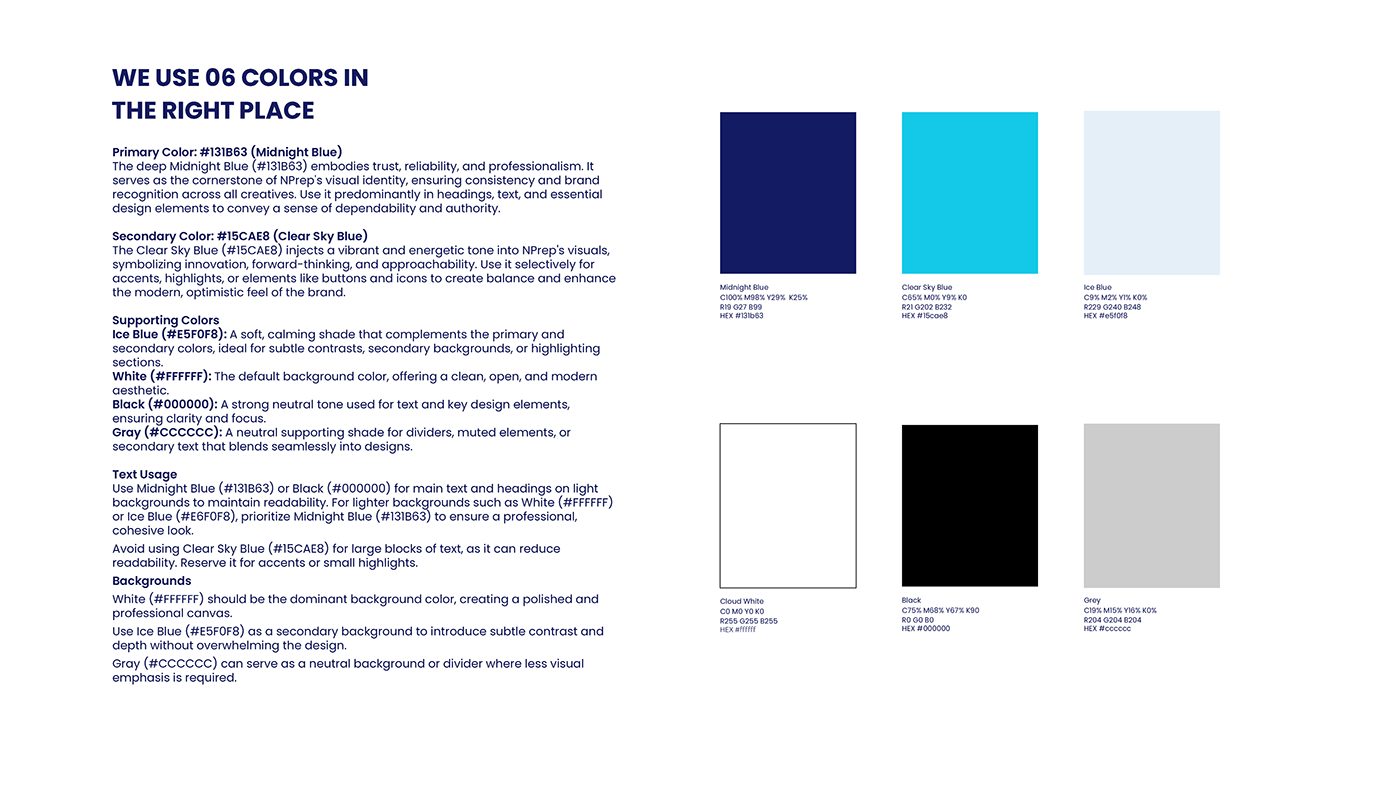 NPrep color palette guidelines with six colors and usage rules
