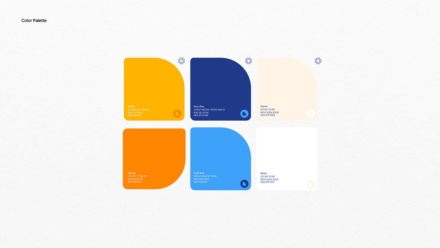 LivSYT color palette of yellow, navy, cream, orange, sky blue and white in rounded tiles
