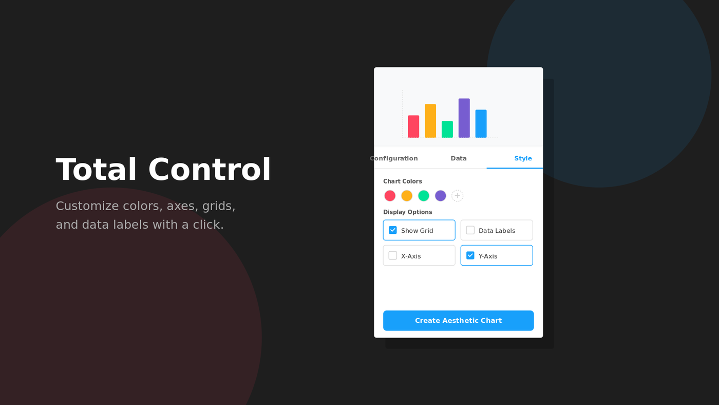 Chart Generator Style tab with chart colors and options for grid, axes and data labels