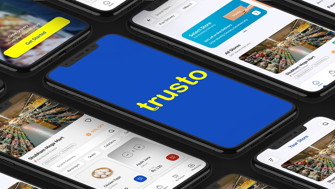 Trusto app screens tilted across a dark background with the blue splash screen