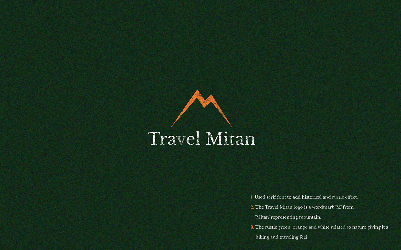 Travel Mitan logo with an orange mountain M above the serif wordmark on dark green