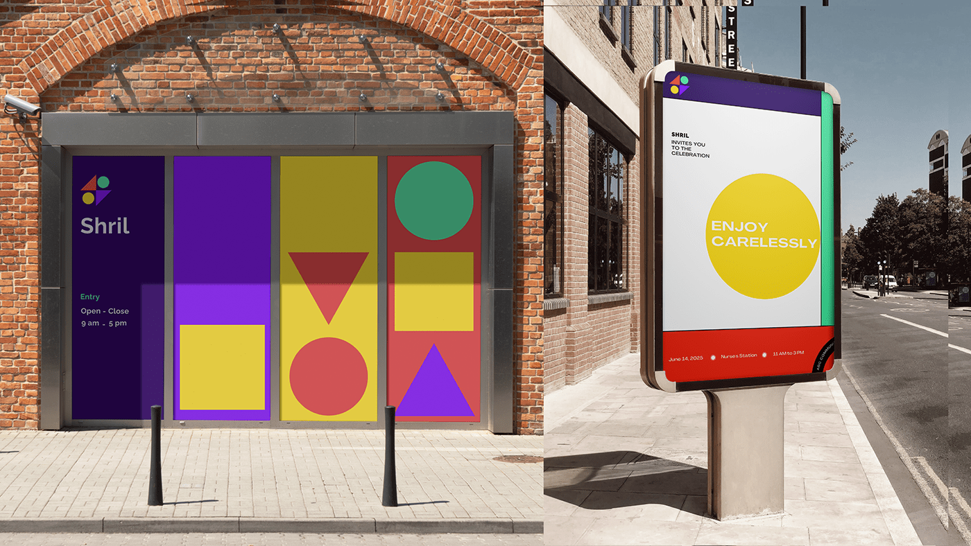 Shril shopfront graphics and a street poster reading Enjoy carelessly