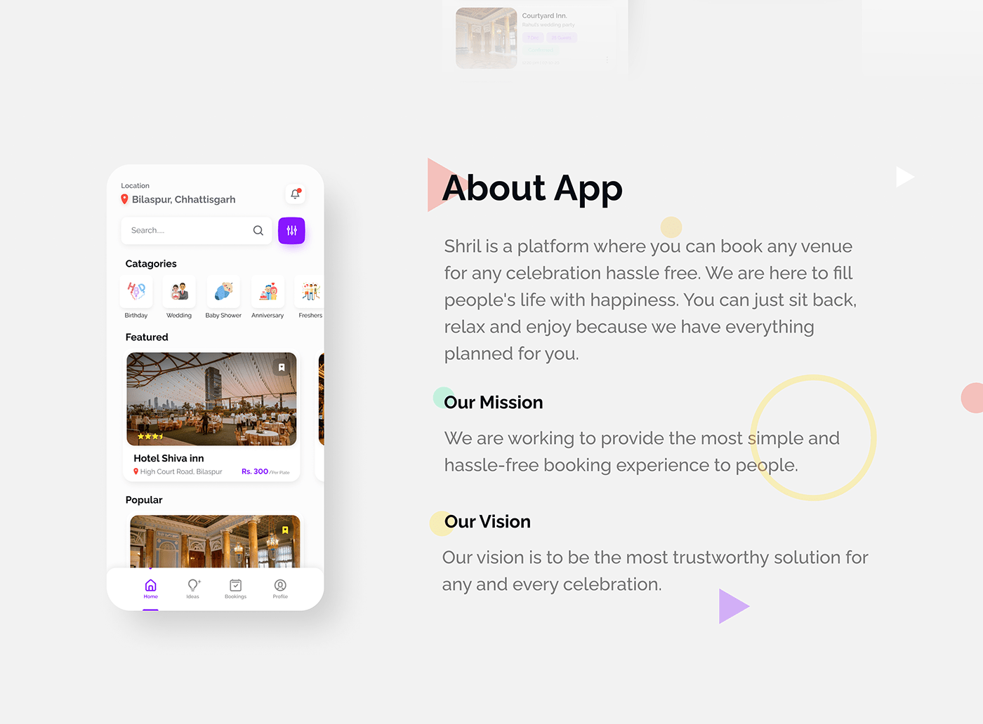 Shril About App slide with the mission, vision and the home screen