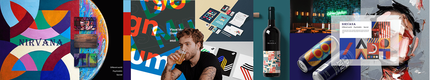 Nirvana stylescape strip with geometric patterns, a portrait and a glowing can