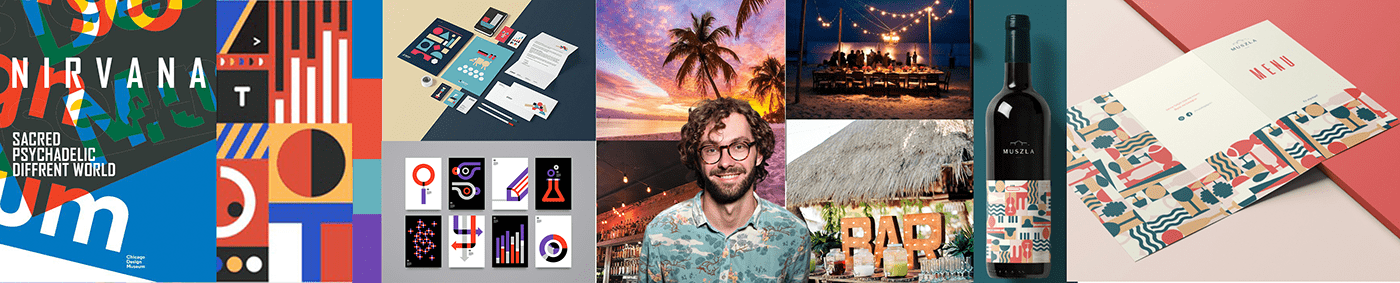Nirvana stylescape strip with bold patterns, stationery, people and bottles
