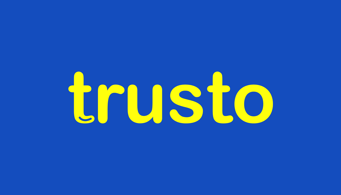 Trusto wordmark in yellow on a blue background