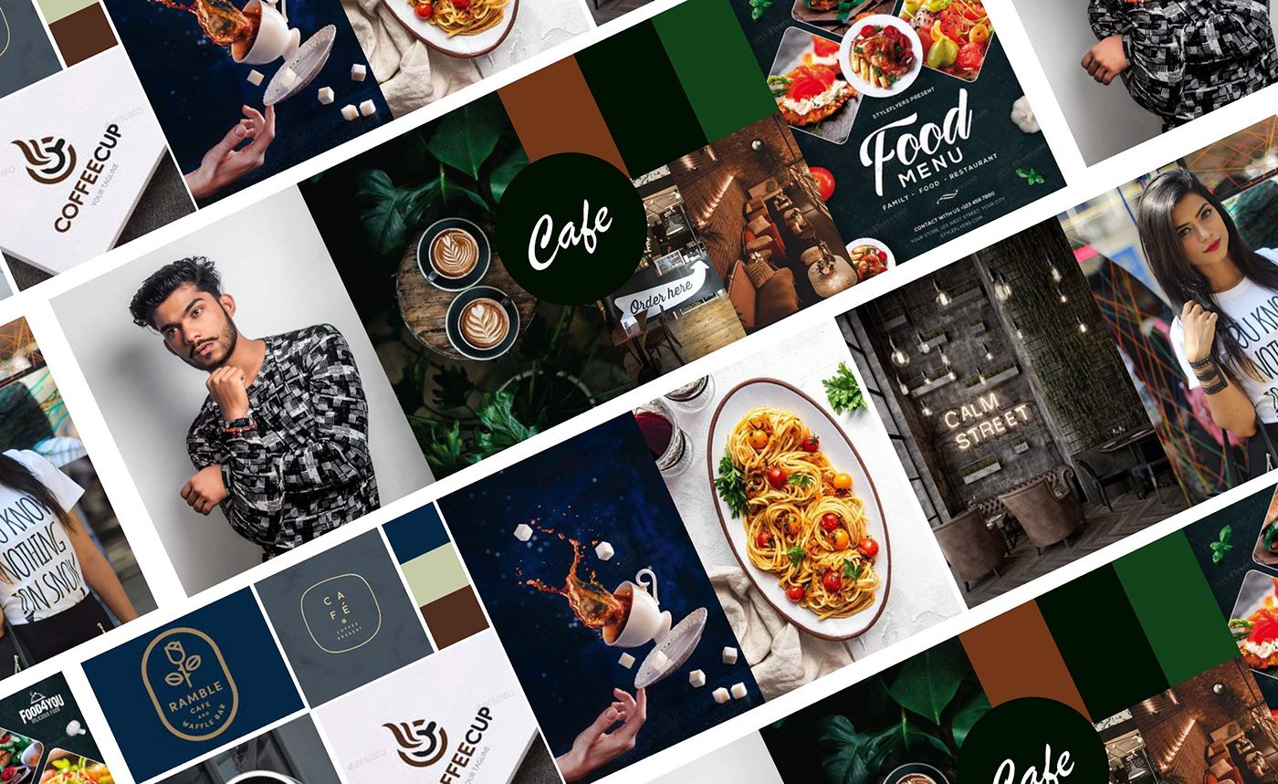Hide Out Cafe moodboard collage of coffee, food, people and cafe branding