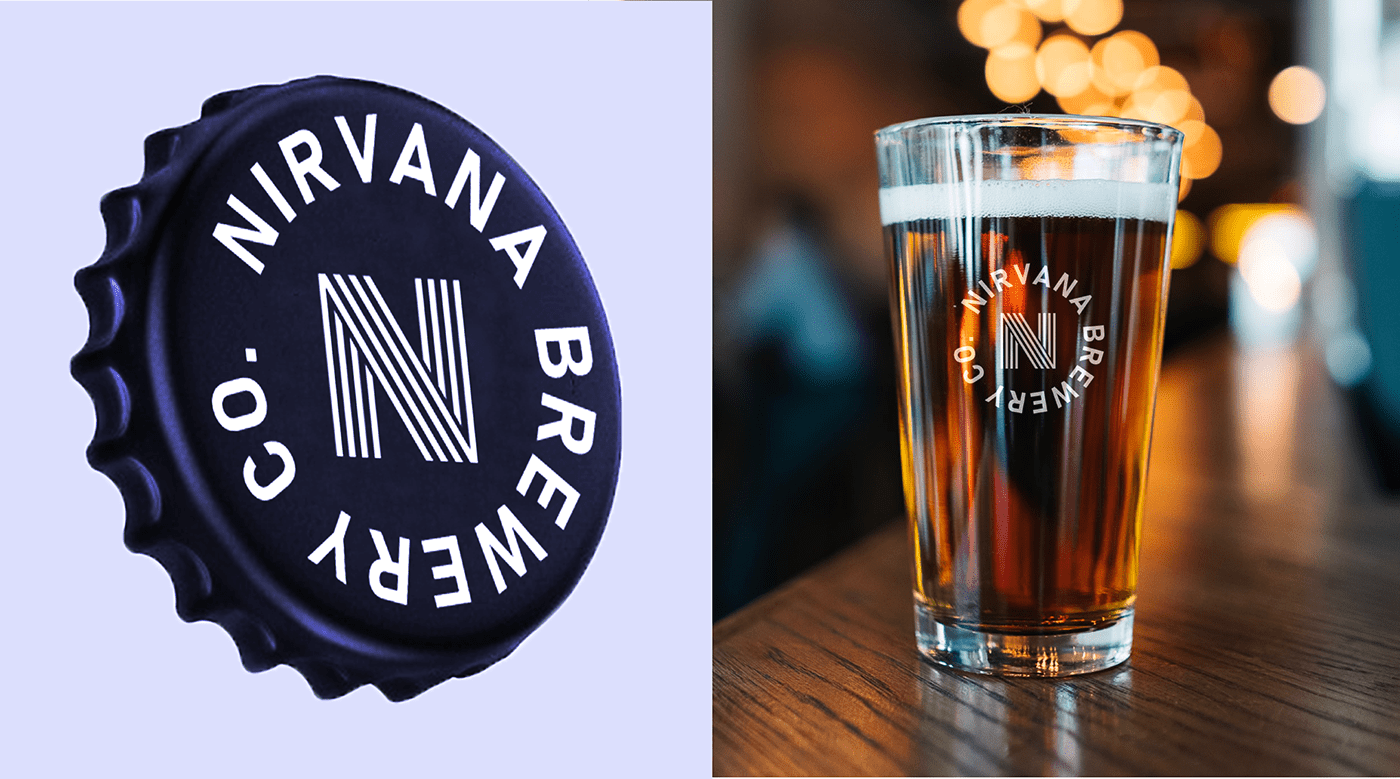 Nirvana bottle cap with the N monogram beside a pint glass of beer carrying the same seal