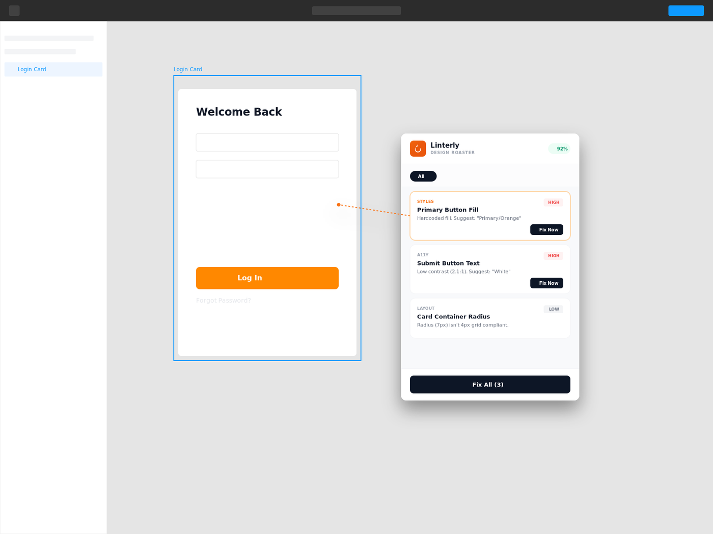 Linterly listing a hardcoded button fill, low-contrast button text and an off-grid card radius, each with a suggested fix