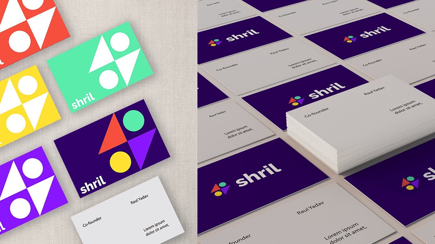 Shril business cards in coral, yellow, mint, purple and white, laid out and stacked