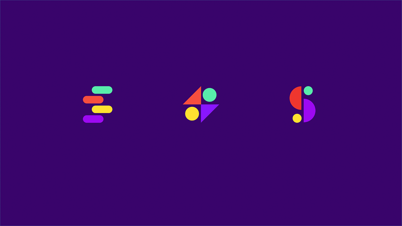 Three Shril logo directions on purple: stacked bars, a pinwheel of shapes and a split S