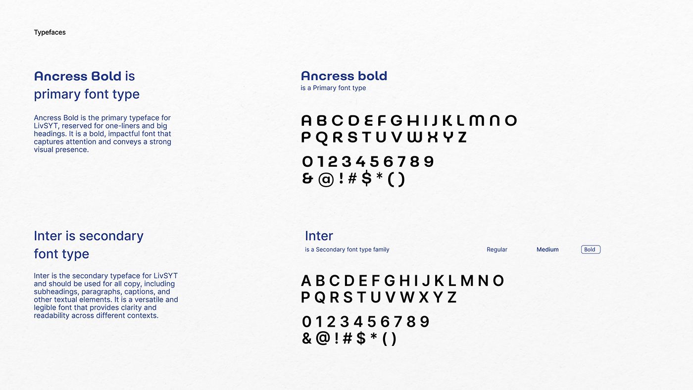 Typeface specimens for Ancress Bold and Inter used in the LivSYT brand