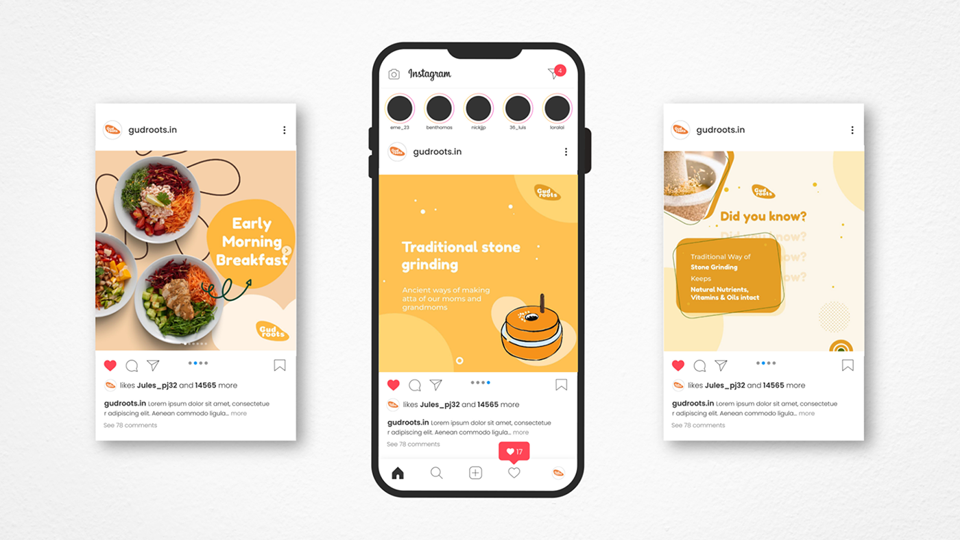 Gudroots Instagram posts on a phone with breakfast, stone grinding and did you know panels