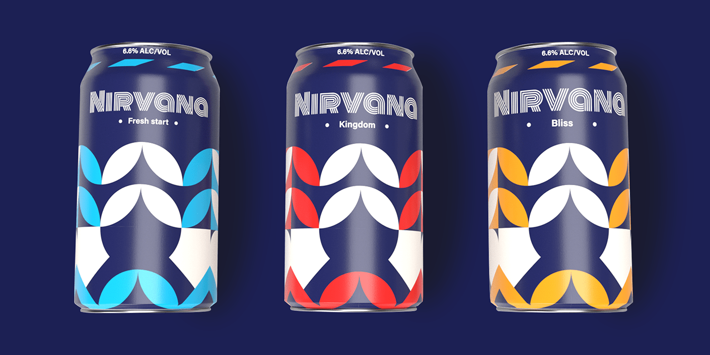 Three Nirvana cans, Fresh start, Kingdom and Bliss, side by side on midnight blue