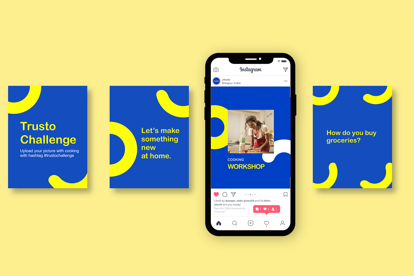 Trusto Instagram posts in blue and yellow for the Trusto Challenge and a cooking workshop
