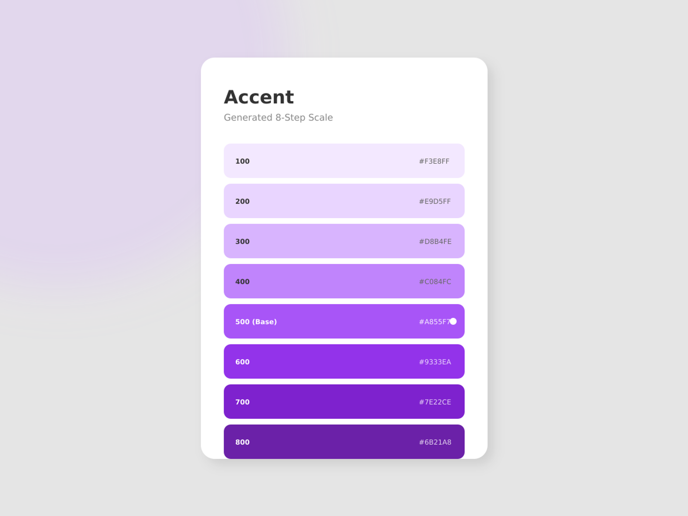 Generated 8-step Accent scale from 100 to 800 with hex codes