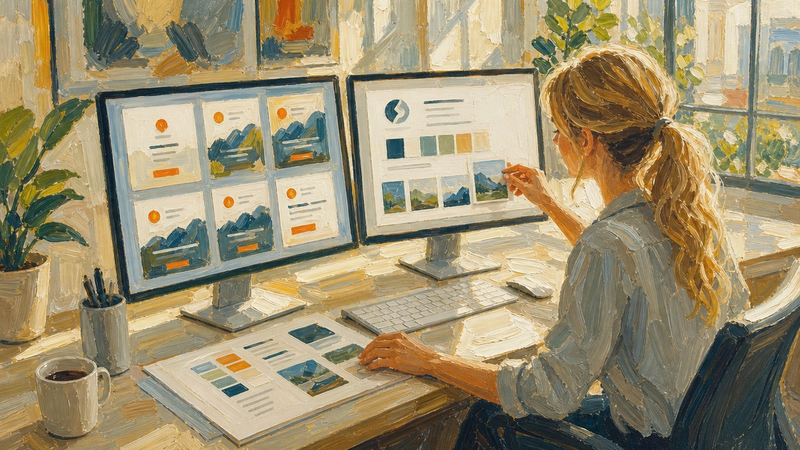 Painted illustration of a woman at two monitors arranging brand layouts, a logo mark and a row of colour swatches