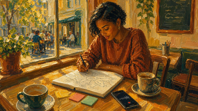 Painted illustration of a woman in a sunlit cafe sketching a mind map in a notebook, a phone recording on the table beside her