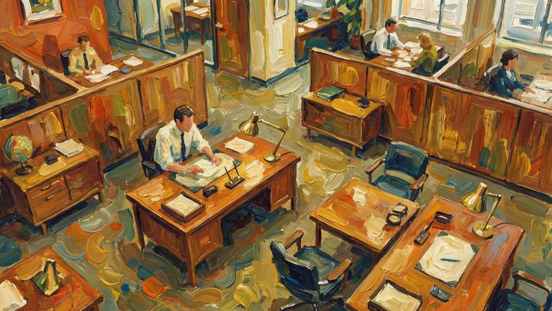 Painted illustration of a busy 1960s advertising bullpen, rows of cubicles full of people at work